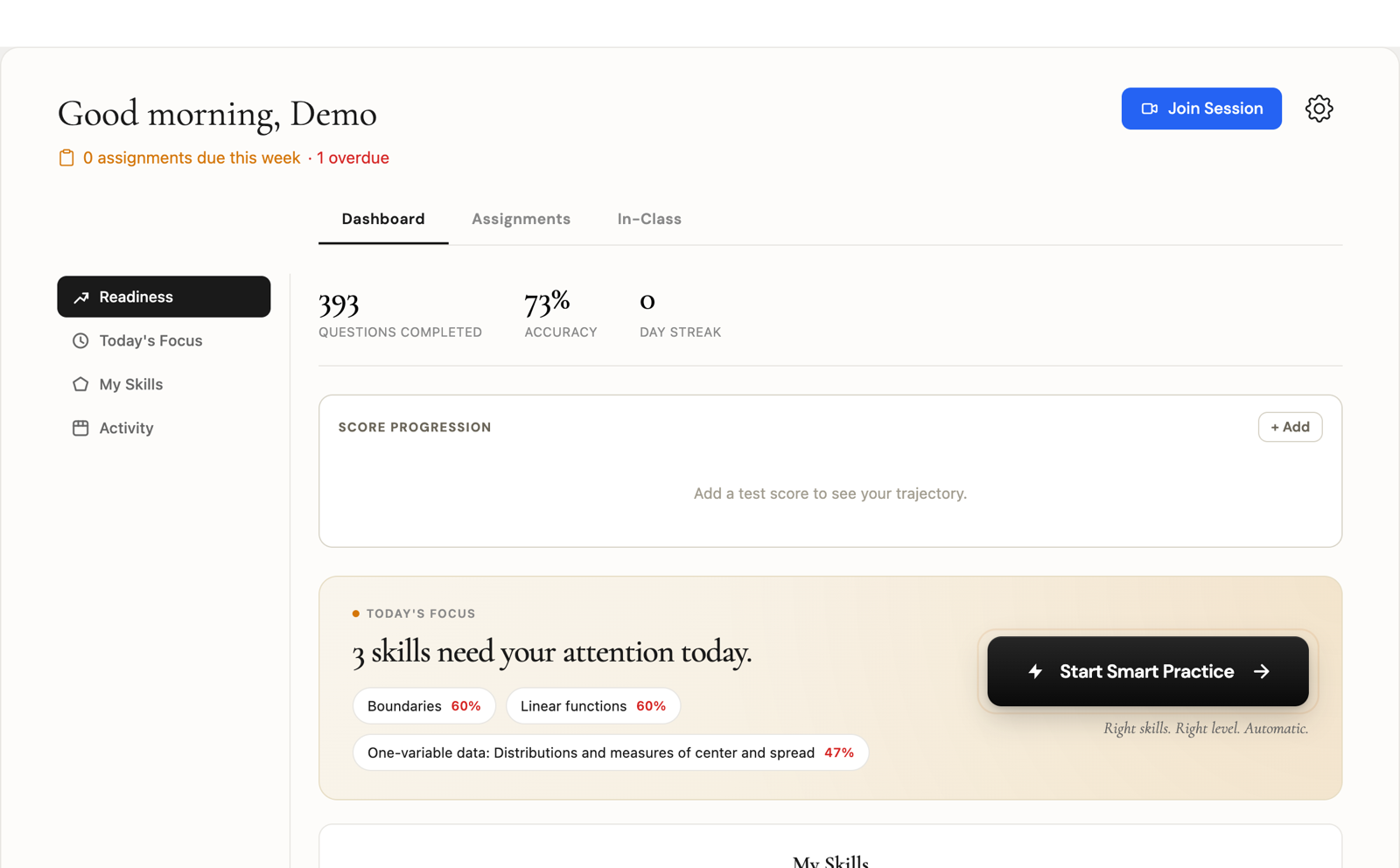 The student dashboard: readiness at a glance, and the skills that need attention today — picked automatically.