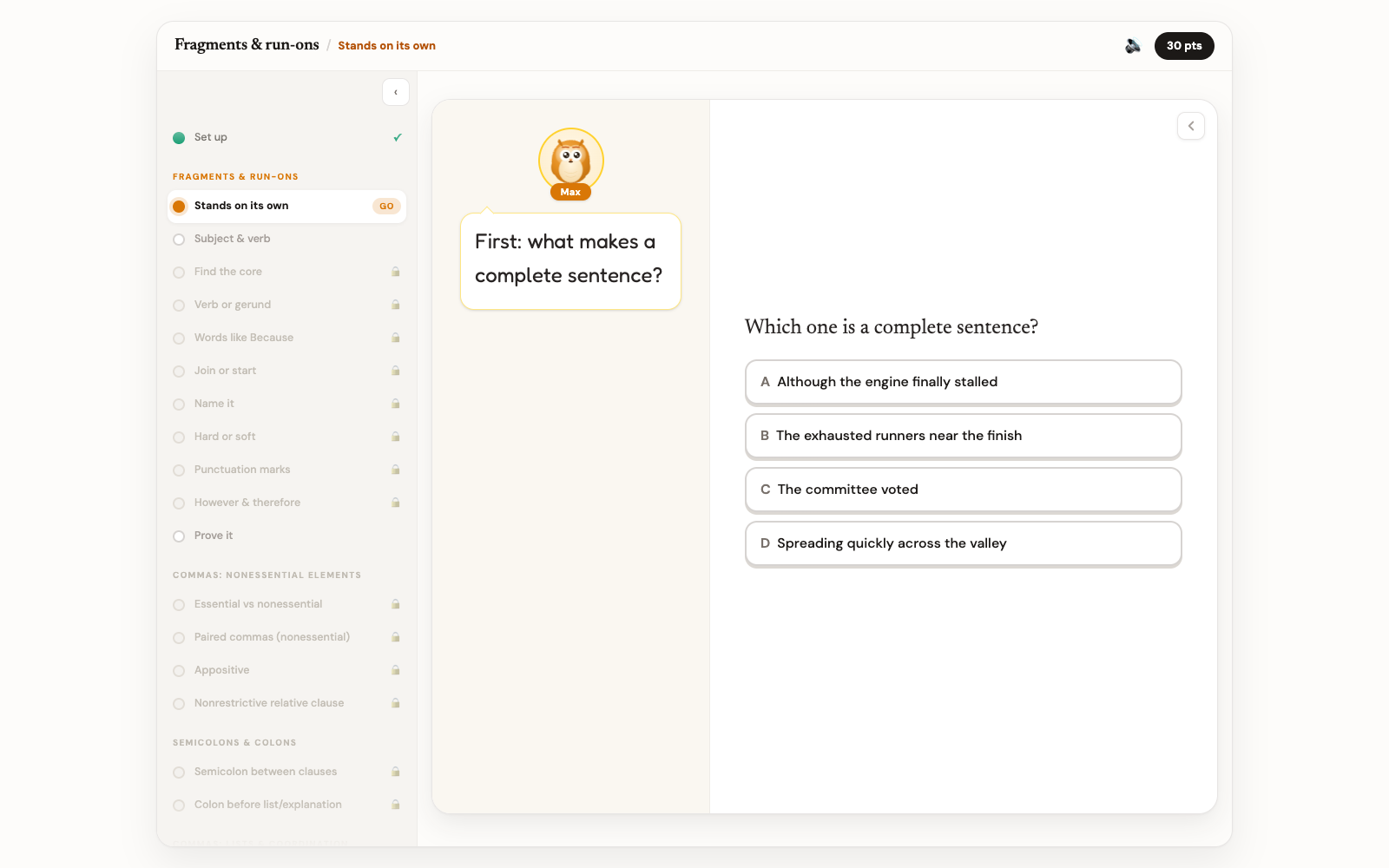 Teach-One: interactive lessons that teach a skill end-to-end. The first one, Sentence Boundaries, is live.