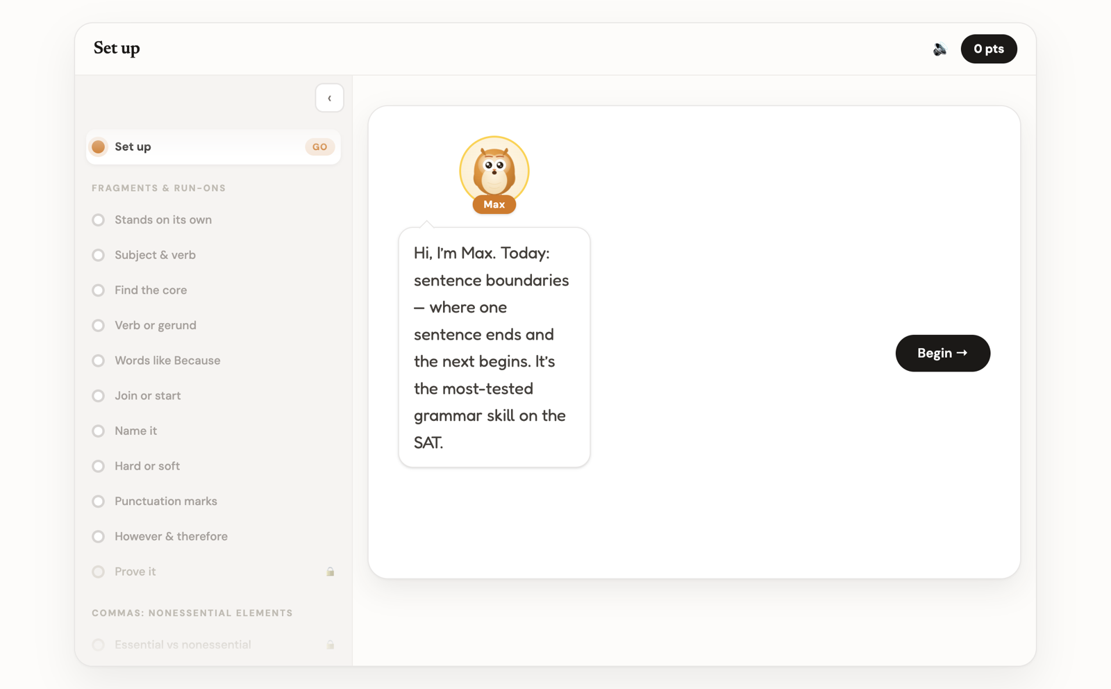Teach-One: interactive lessons that teach a skill end-to-end. The first one, Sentence Boundaries, is live.